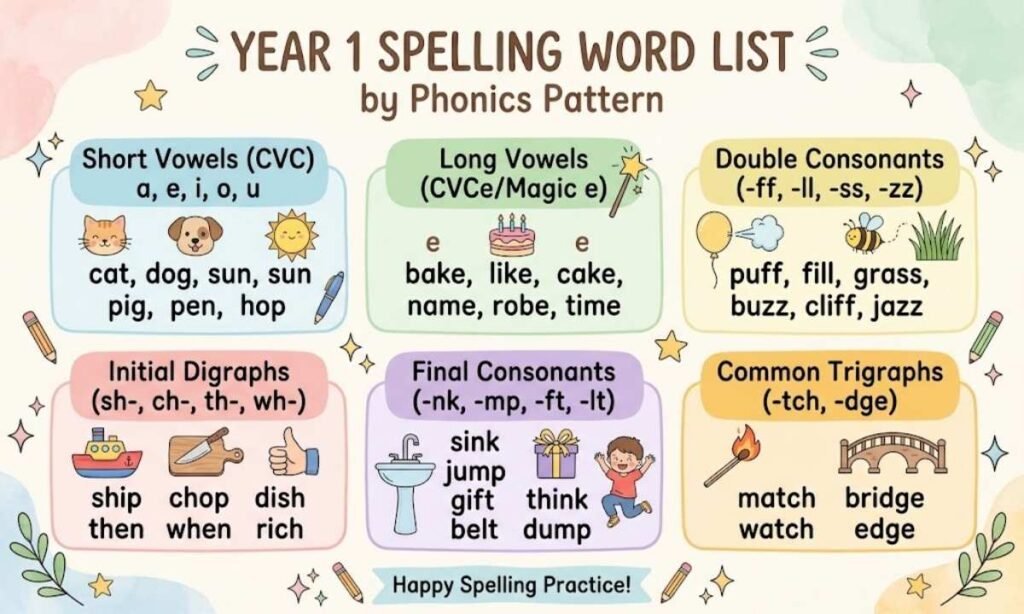 Year 1 Spelling Word List by Phonics Pattern